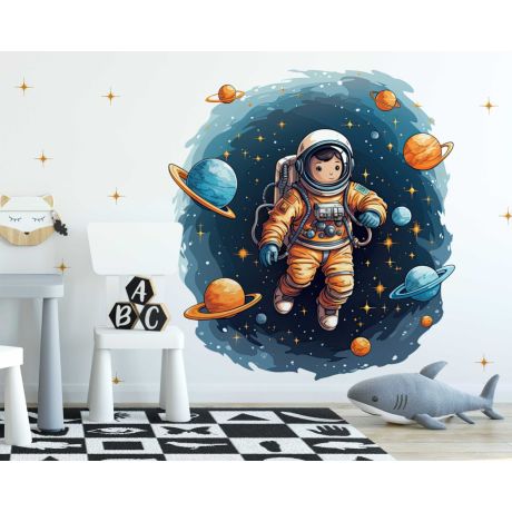 A Cartoon Astronaut in Space with the Planet Wall Stickers for Nursery Decor