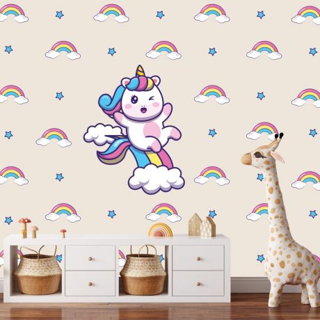 Rainbow Pattern Wall Sticker with Unicorn Wall Decal Stickers Fantasy Girls Bedroom Wall Art Cute Nursery