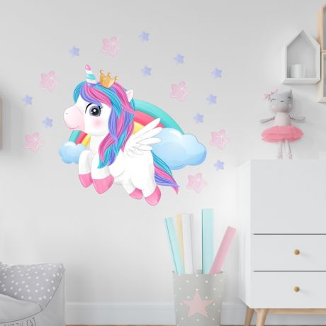 Stars Unicorn Flying Wall Decal Stickers Fantasy Girls Bedroom Wall Art Cute Nursery