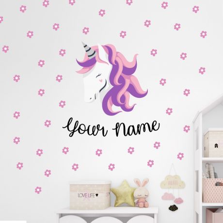 Custom Name Unicorn wall sticker, unicorn wall decal, Flower room decor, unicorn room decor, unicorn horn