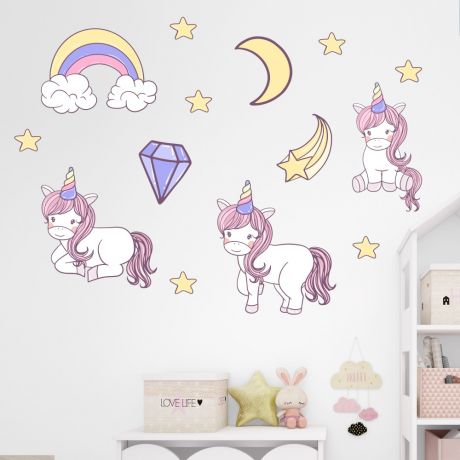 Unicorn wall sticker, Clouds wall decal, Star room decor, unicorn room dÃ©cor