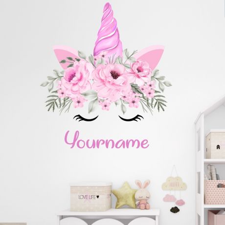 Custom Name Unicorn Horn wall sticker, unicorn wall decal, Flower room decor, unicorn room dÃ©cor