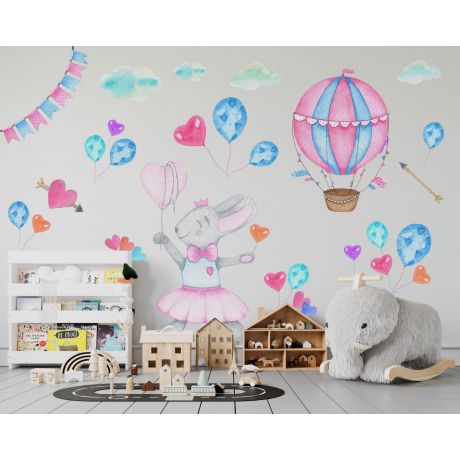 Watercolour Rabbit Wall Stickers, Kids Room Cute Bunny Wall Sticker, Wall Decal Peel and Stick, Bunny Wall Murals, Nursery Decal, Home Decor