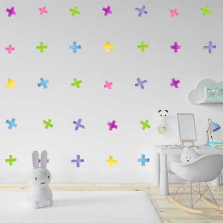 Set of 20 Multicolour Swiss Cross Wall Stickers, Watercolour Effect Pattern kids room wall stickers