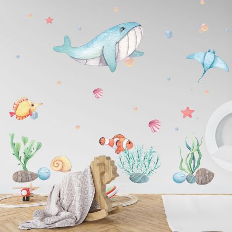 Underwater Whale Wall Sticker, Nemo Fish Vinyl Wall Stickers, Bubbles Decals for Kids Room