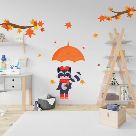 Autumn Branches and Leaves Wall Sticker- Fall Leaves Kitty Wall Decal For Autumn Decorations