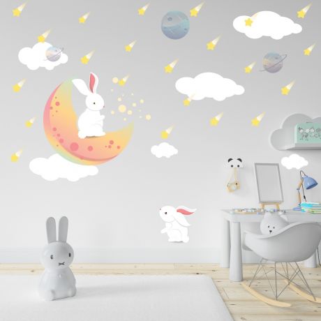 Fairy Animals Wall Sticker,Bunny Stars Vinyl Wall Stickers, Cloud Moon Star Decals for Kids Room