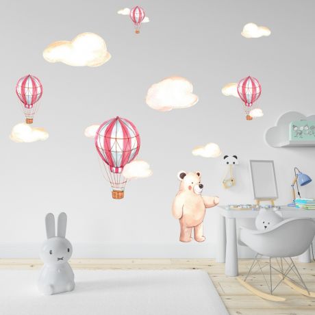 Fairy Animals Wall Sticker,Bear Vinyl Wall Stickers, Parachute Decals for Kids Room