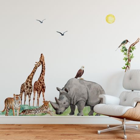 Animal Watercolor Stickers, Jurassic Park Theme Stickers, Wall Mural Decals, Tiger, Giraffee, Rhinoceros Zoo Wall Decal Nursery Wall Sticker