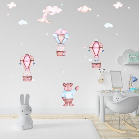 Fairy Animals Wall Sticker,Animals Parachute Vinyl Wall Stickers, Cloud Moon Star Decals for Kids Room