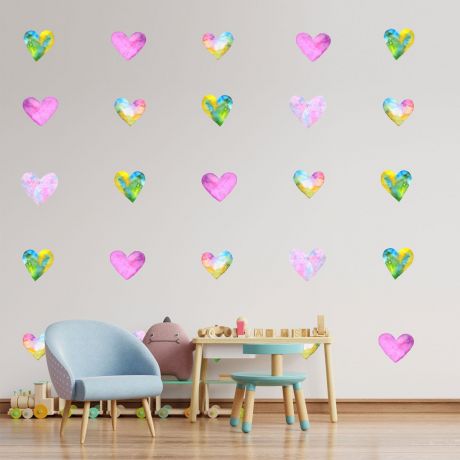 Set of 20 Multicolour Heart Wall Decals, Watercolour Effect Pattern for kids room wall stickers