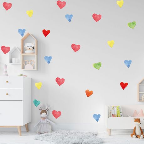 Set of 20 Rainbow Colours Heart Wall Decals, Watercolour Effect Pattern for kids room wall stickers